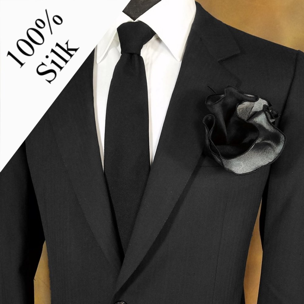 NEW - 100% Silk - Two Sided Black & Charcoal Pouf Round Pocket Square
